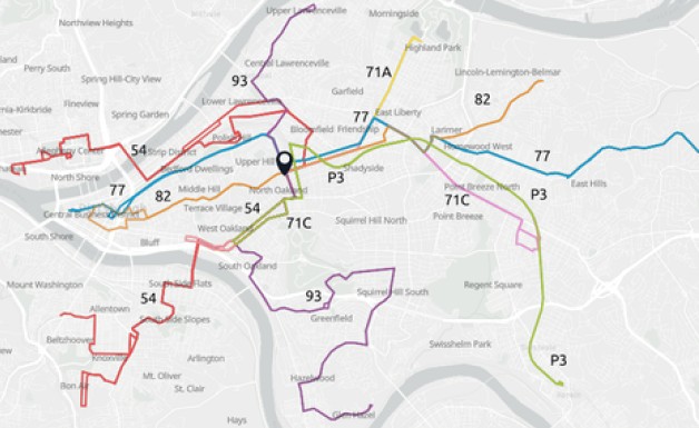 Map showing PRT bus routes that stop within two blocks of PCSI’s North Oakland office, including routes 54, 71A, 71C, 77, 82, 93, and P3.