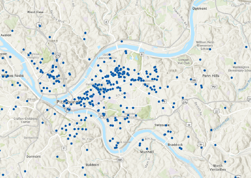 Map showing locations of our customers served. PCSI served 421 customer households across Pittsburgh and Allegheny County, positively impacting 767 neighbors.